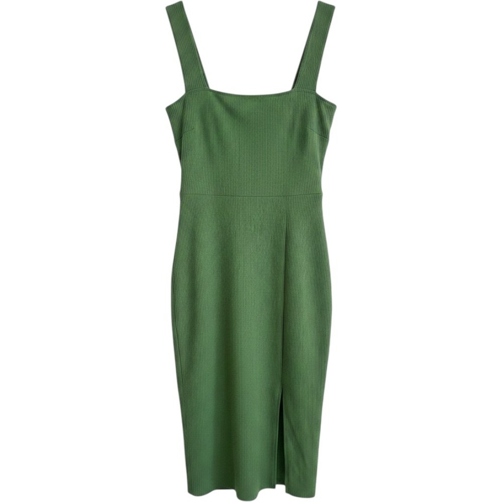 Reformation Green Ribbed Knit‎ Midi Dress Square Neck Side Slit Tencel Large